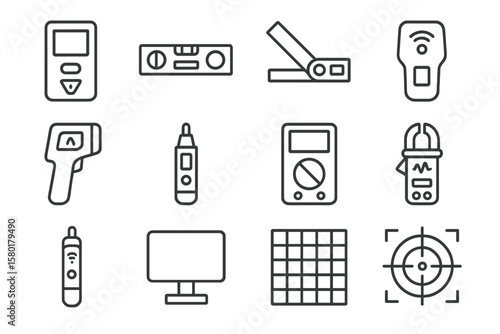 Outline illustrations of various measuring and detection tools on dark background