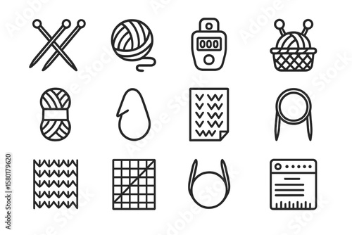 Knitting tools icon set with yarn needles and patterns on dark background