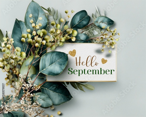 Hello September lettering with eucalyptus leaves watercolor botanical frame art print, watercolor botanical frame wall decor with “ Hello September “ lettering botanical frame design background
