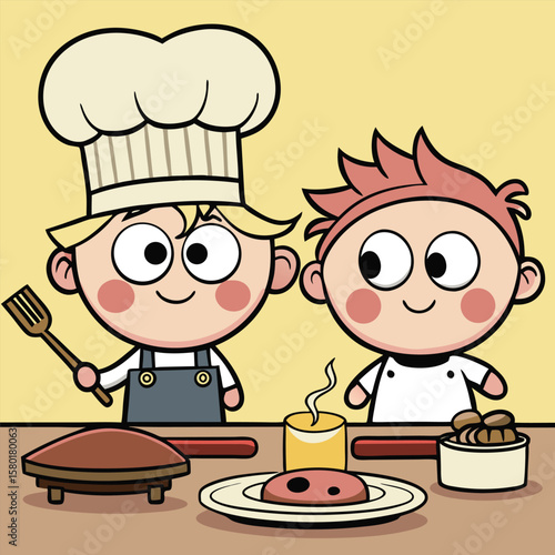 Two cartoon chefs preparing food at a table with a plate of meat and other food items present