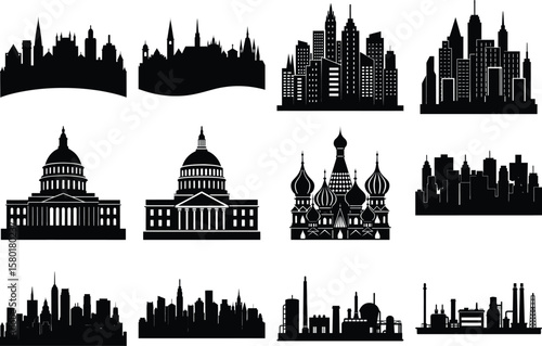 Cityscape skyline silhouette, urban landscape, illustration, design element.