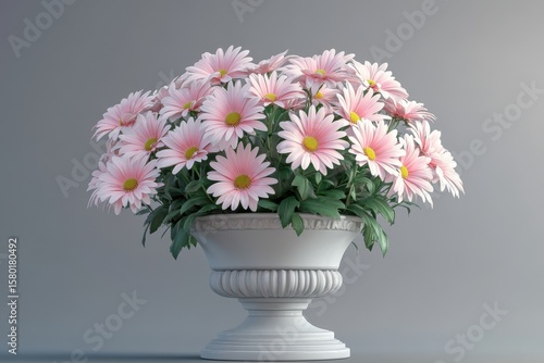 Wallpaper Mural Vase filled with pink flowers sits isolated on gray background. Pink daisies with decorative elements on a pedestal, 3D Rendering. Torontodigital.ca