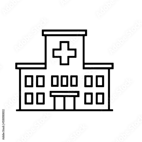 Simple black and white illustration of a modern hospital building with a cross symbol.