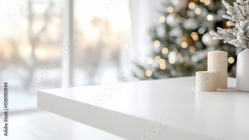 Wallpaper Mural Christmas themed product placement background featuring a white table, candles, a snowy pine branch, and a blurred christmas tree with bokeh lights Torontodigital.ca