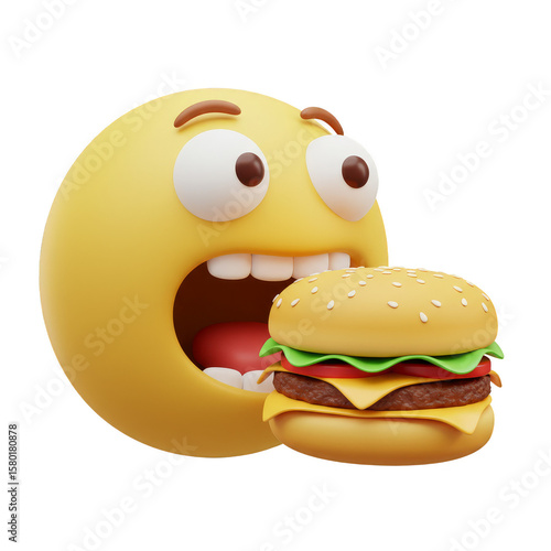 Emoji Character Enjoying a Burger Isolated 3D Rendered Illustration