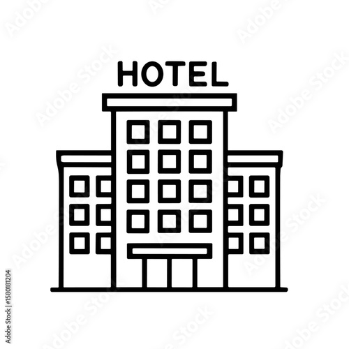 A simple line art illustration of a multi-story hotel building with the word "HOTEL" prominently displayed on top.