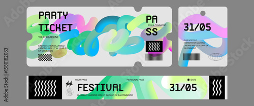 Control ticket bracelets for events, disco, festival, fan zone, party, staff. Vector mockup of a festival bracelet in a futuristic style.