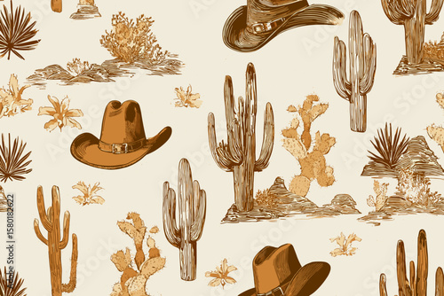Seamless Pattern – Classic Cowboys with Hats and Boots Amid Stylized Cacti and Desert Flora in Warm Browns and Creams, Flat Vector Style for Bold Western-Inspired Textile Designs
