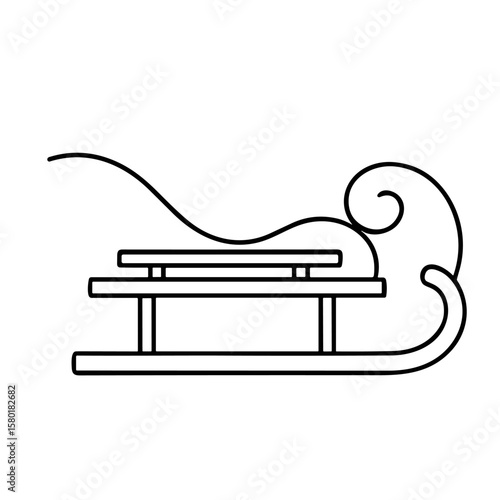 Simple line drawing of a classic sleigh with curved runners and a seat, isolated on a white background.