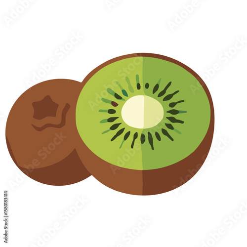 Two kiwi fruit halves, one whole, displayed in a flat design style, highlighting the green flesh and brown skin.