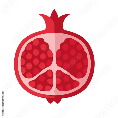 A vibrant, stylized illustration of a halved pomegranate, showcasing its juicy interior.