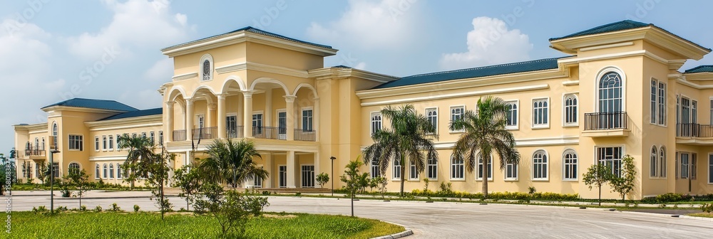 Fototapeta premium Cultural Landmark in Lagos, Nigeria A Stunning Museum Architecture Surrounded by Palm Trees
