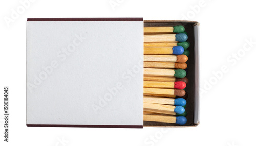 Colorful pack of matches with a mix of vintage wear and modern design, featuring a slightly worn matchbox and multicolored match heads. 
