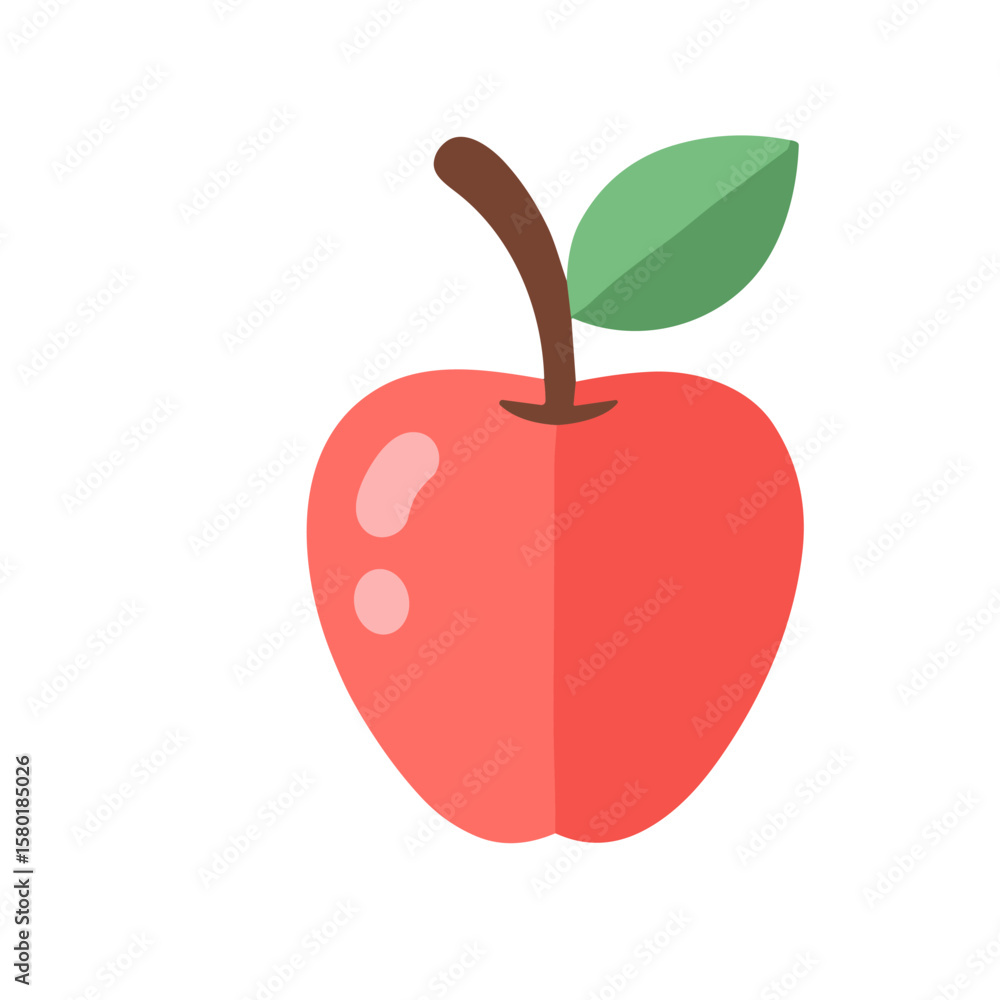 Fototapeta premium Simple, flat design illustration of a red apple with a stem and leaf.