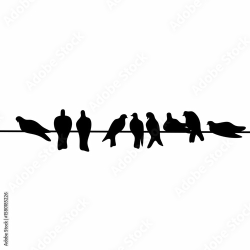 A flock of pigeons perched on a power line. Vector silhouette.