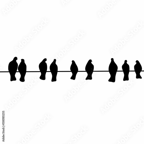 Vector silhouette of a group of pigeons perched on an electric pole cable.
