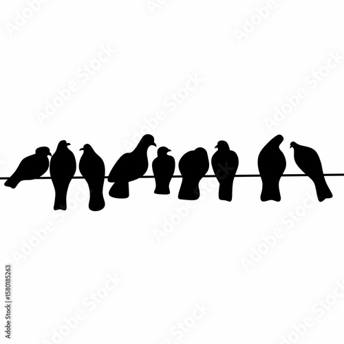 A group of pigeons sitting on a wire on a white background. A group of pigeons perched on a wire. Vector silhouette