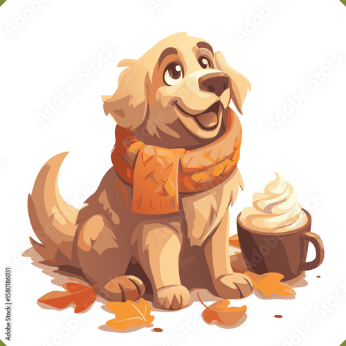 Vector illustration of a happy golden retriever with scarf sitting among autumn leaves and a mug of whipped cream drink, isolated on white background