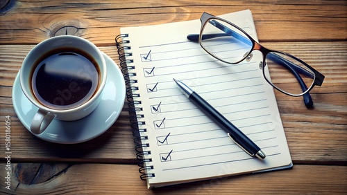 A Fresh Cup of Coffee and A To Do List With a Pen And Glasses On A Wooden Table