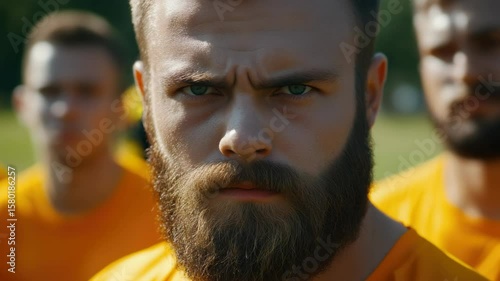 Bearded male athlete with serious expression and focused gaze