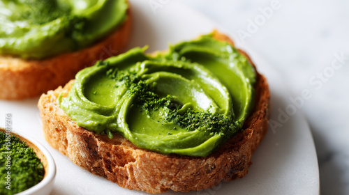 Matcha spread on toasted bread slice with creamy texture and vibrant green color, perfect for healthy snack or breakfast