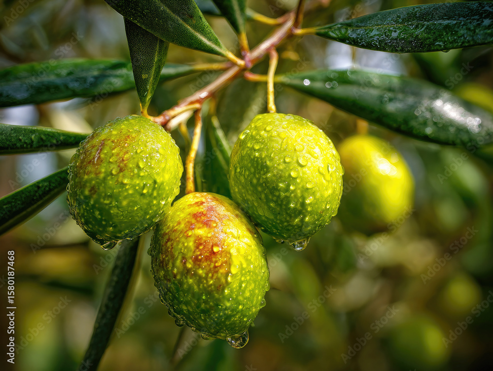 Fototapeta premium Glossy olives attached to a stem with elongated green leaves, showcasing natural texture and moisture