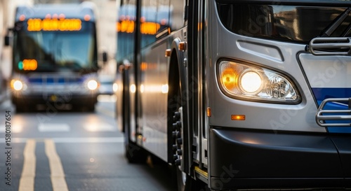 Fototapeta Naklejka Na Ścianę i Meble -  Front view of a city bus on a street, urban public transportation, modern city transit, sustainable urban mobility, and daily commute.