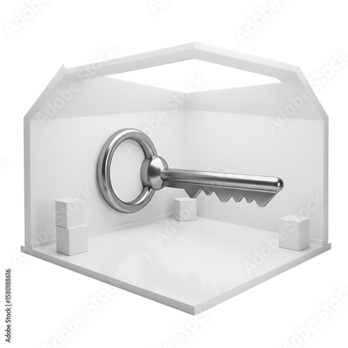 Illustration House with Key Access Point Security in a Minimalist White Room