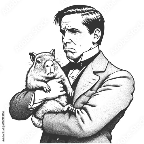 man in a tuxedo holding a calm capybara sketch engraving generative ai fictional character vector illustration. Scratch board imitation. Black and white image.