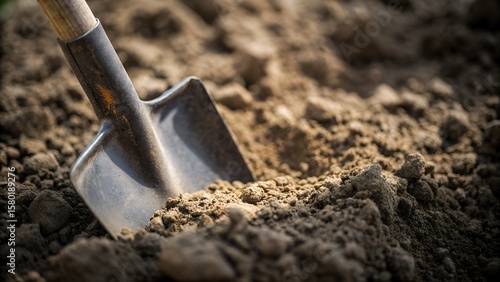 A shovel digs into rich soil, ready for planting in a garden or farm, symbolizing cultivation, agriculture, and the promise of growth in nature.
