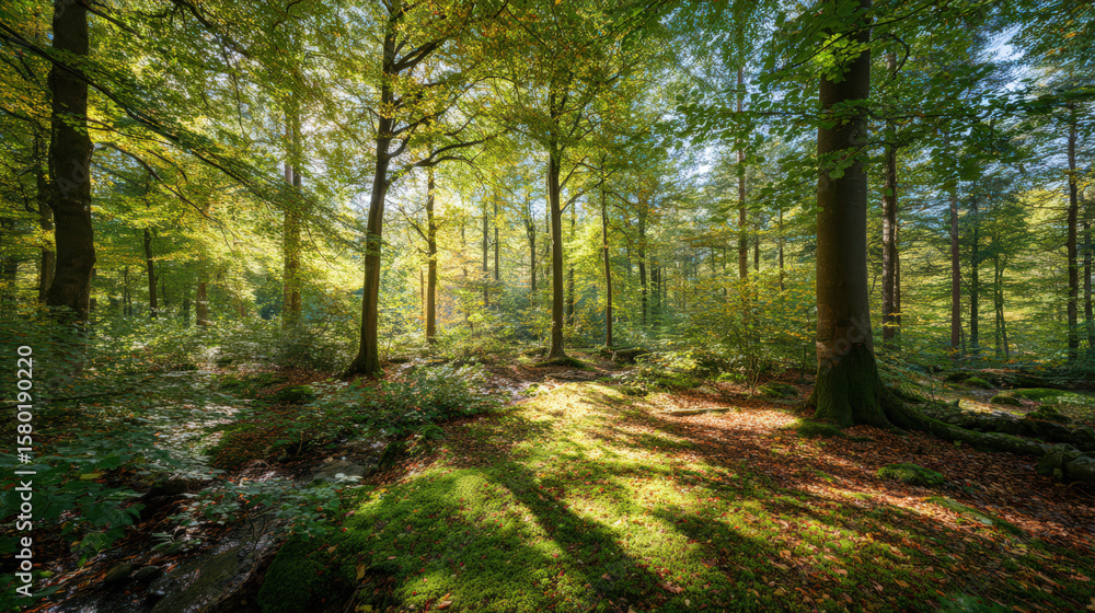 Naklejka premium Autumn forest scene with sunlight filtering through the trees, creating a beautiful and peaceful landscape.