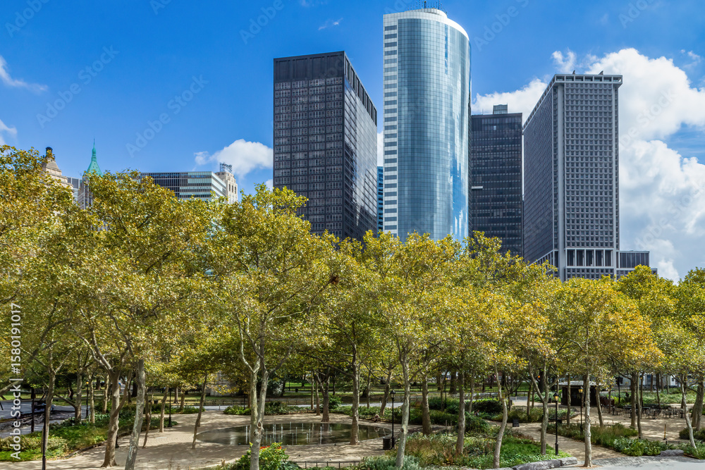 Fototapeta premium Battery park. Lower Manhattan skyline view from ferry. New York City, USA. Horizontally.