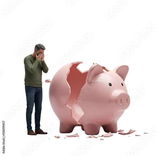 Illustration Man Crying Near Broken Pink Piggy Bank on Transparent Background