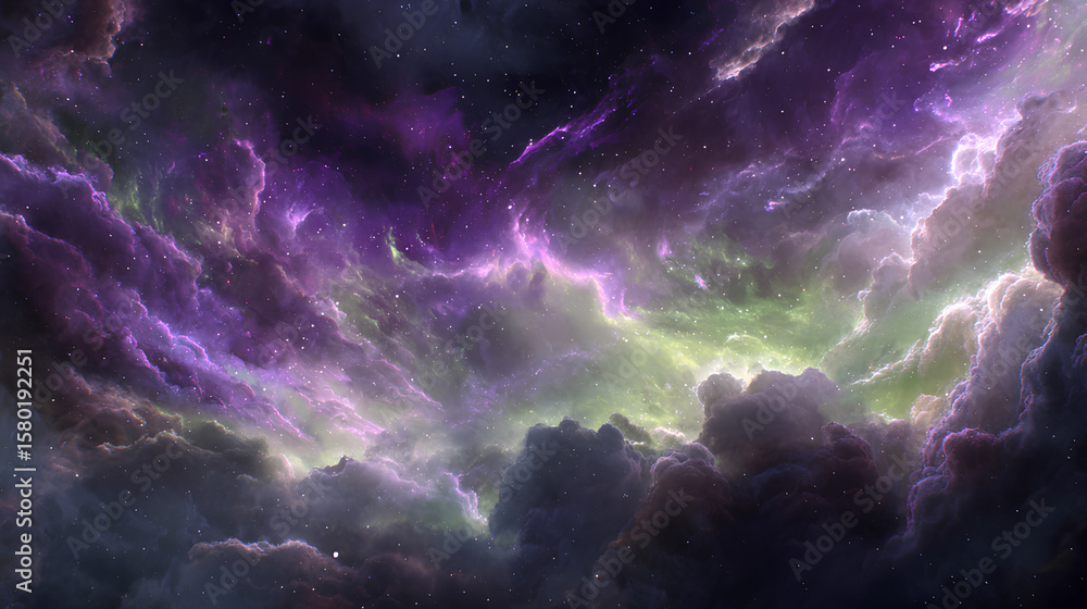 Fototapeta premium Cosmic Nebula with Purple and Green Gaseous Clouds in Dark Night Sky