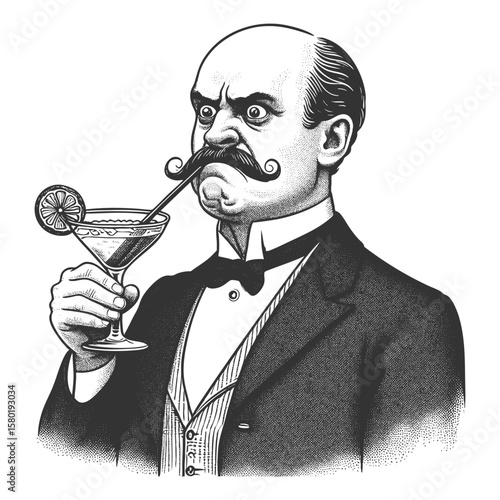Victorian gentleman in formal attire sipping a cocktail through a straw with a lemon slice sketch engraving generative ai fictional character vector illustration. Scratch board. Black and white image.