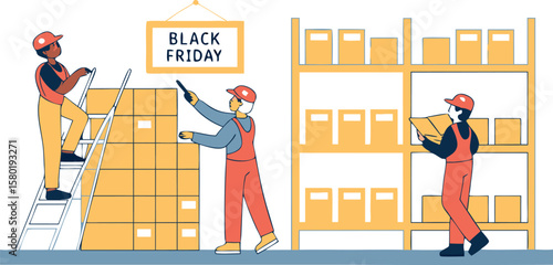 Warehouse workers prepare for black friday sales by organizing boxes on shelves and ladders indicating busy holiday season logistics and retail preparation