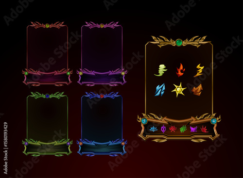 set of various color fantasy magic medieval trading card game frame template with nature element and class role