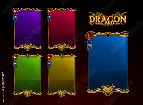 fantasy ancient medieval dragon theme trading card game design with color variations and golden frame