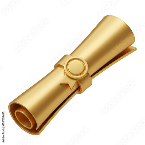 Golden Diploma Scroll Isolated Award Certificate Achievement Success 3d Render