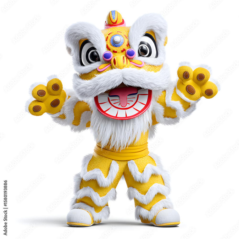 Fototapeta premium Colorful lion dance costume with vibrant yellow and white fur, isolated on white background. AI Generated Images
