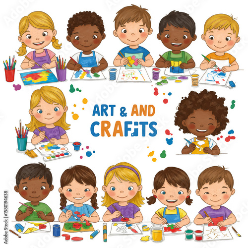 Illustration of Diverse Kids Doing Art and Crafts On Table PNG