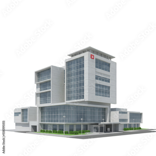 Illustration of a Modern Concrete and Glass Building Exterior with Trees