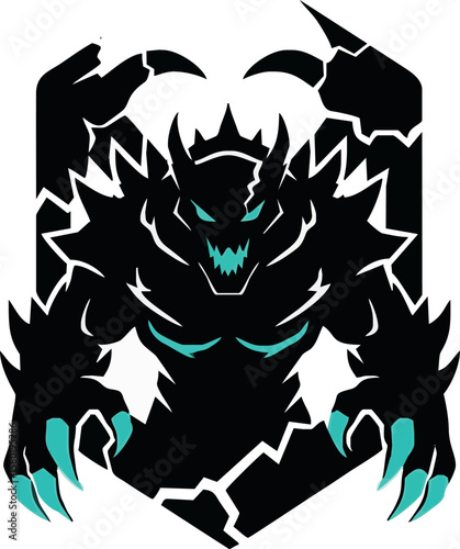 Dark, menacing monster logo with jagged edges and glowing claws.
