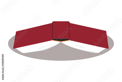 Open hardcover book with burgundy cover lying on a table, viewed from above, representing reading, knowledge, and education