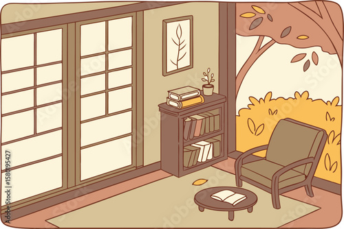 Cozy living room scene with a comfortable armchair bookshelf filled with books a small coffee table with an open book and large windows overlooking an autumn landscape