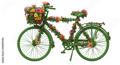 Illustration of Bicycle Adorned with Colorful Flowers in Transparent Background