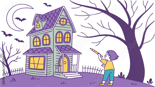A whimsical cartoon illustration of a child holding a pencil looking up at a spooky haunted house on a moonlit night with bats flying