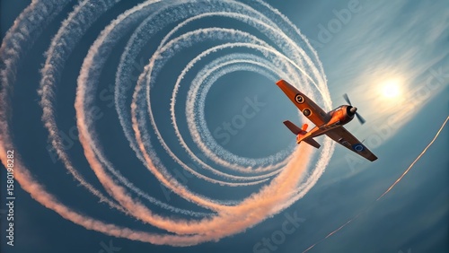 Vintage airplane performing aerobatics with smoke trails against a bright sky and sun in the background