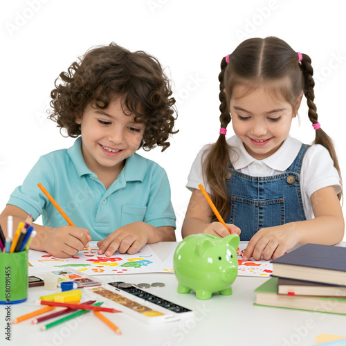 Illustration of Happy Children Drawing Together with Transparent Background