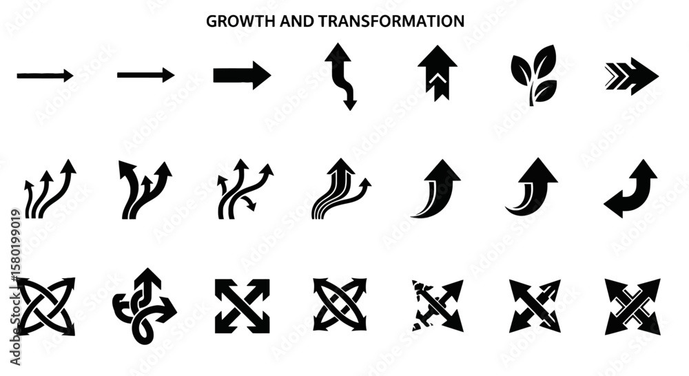 Naklejka premium Illustrations of Growth and Transformation Arrows Representing Progress, Change, and Development in Vector Format for Creative Projects